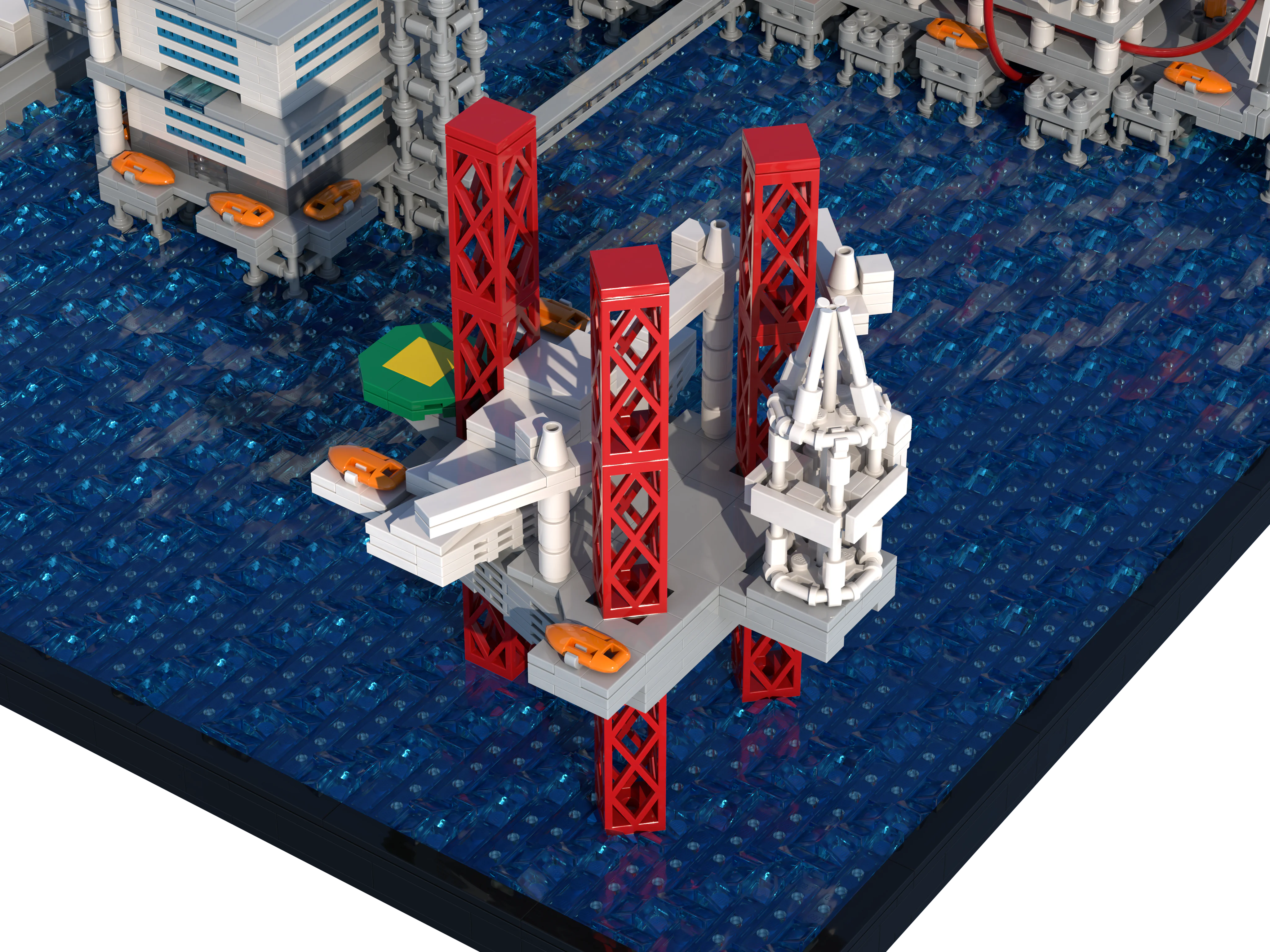 The jack-up platform of the LEGO model, with its red lattice legs and drilling derrick